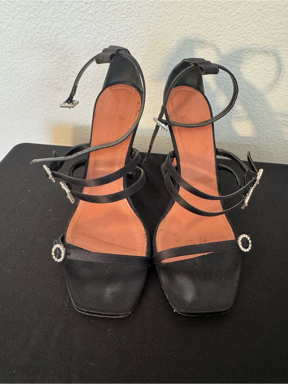 Amina Muaddi Black Strappy Square-Toe Heels with Rhinestone Buckles